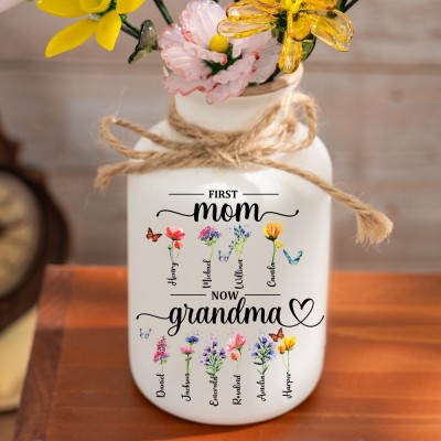 First Mom Now Grandma Custom Birth Flower Vase With Glass Birth Flower For Mother's Day Gift Ideas